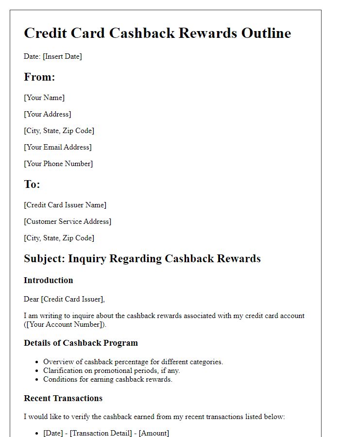 Letter template of credit card cashback rewards outline.