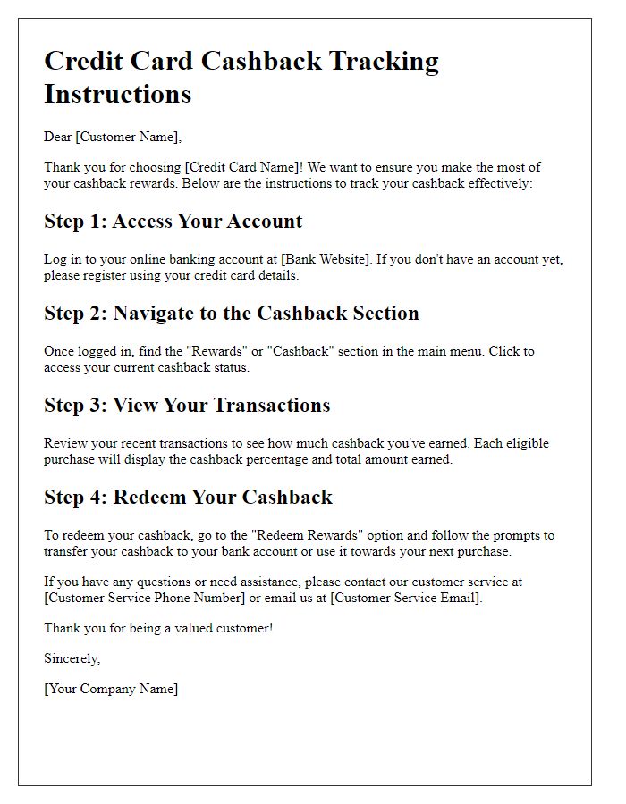 Letter template of credit card cashback tracking instructions.