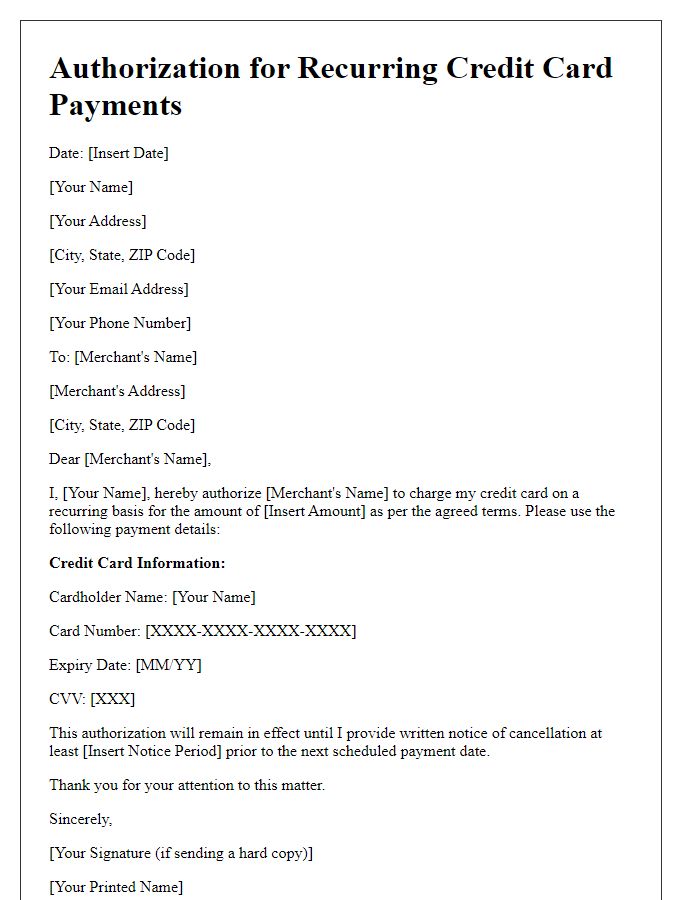 Letter template of authorization for recurring credit card payments.