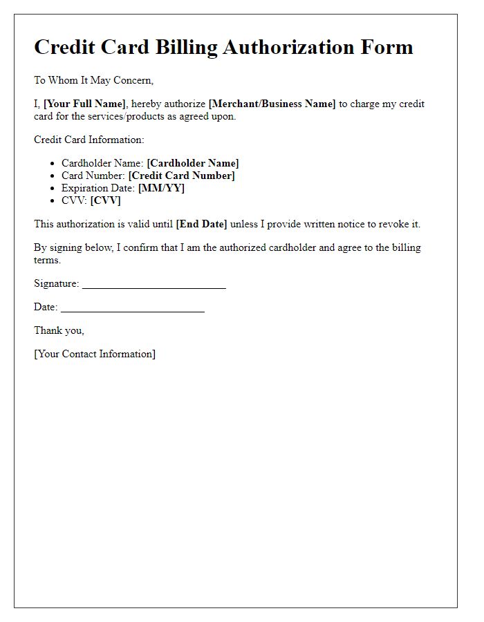 Letter template of credit card billing authorization form.