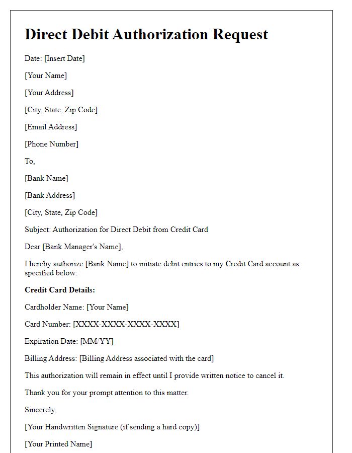 Letter template of credit card direct debit authorization request.