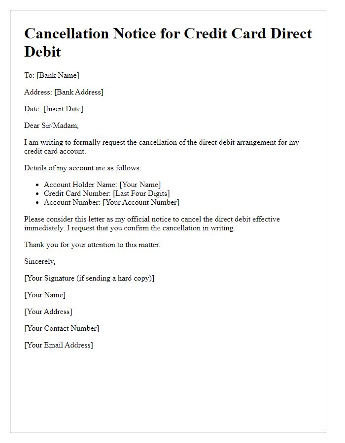 Letter template of credit card direct debit cancellation notice.