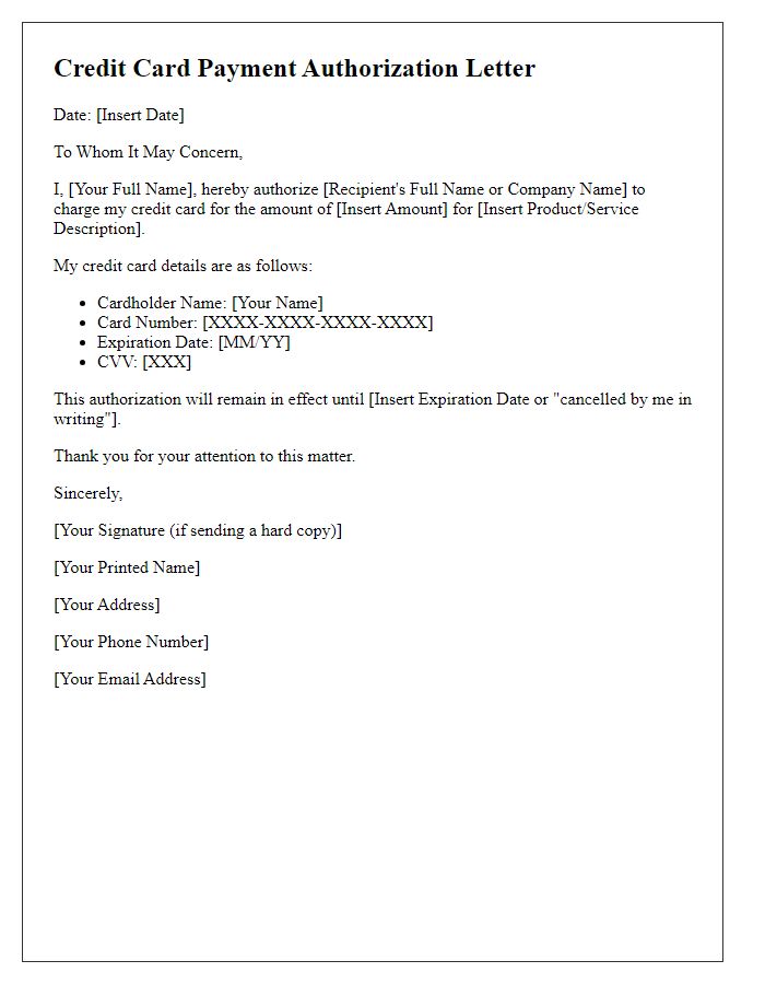 Letter template of credit card payment authorization letter.