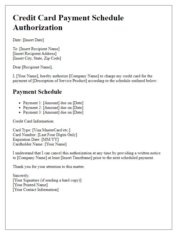 Letter template of credit card payment schedule authorization.