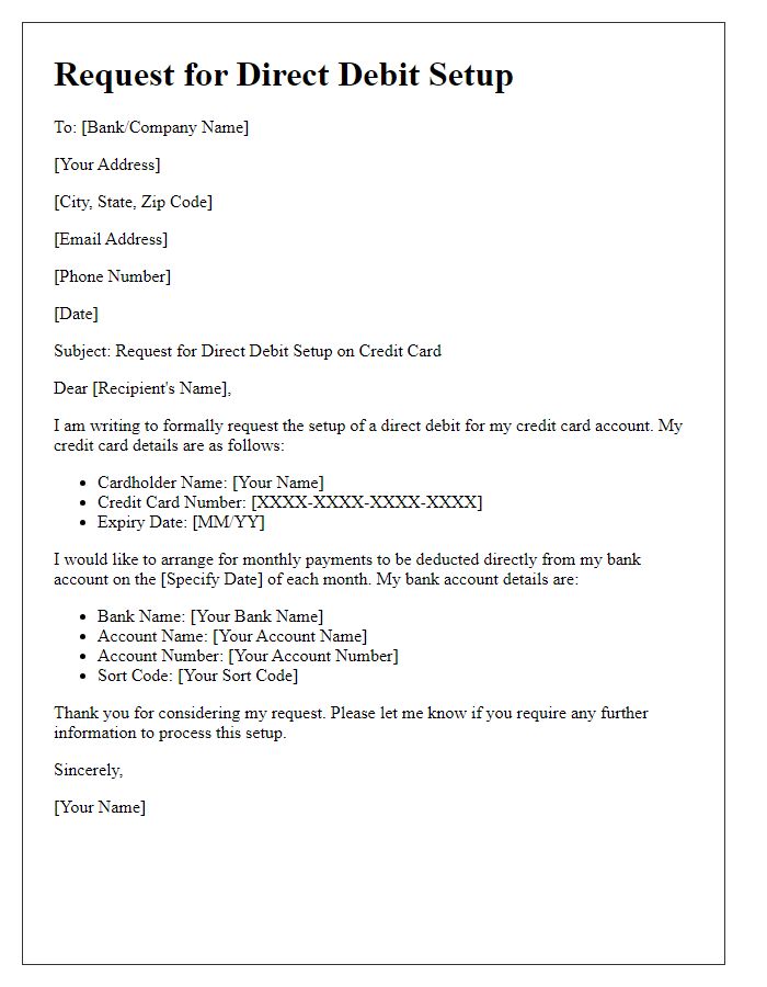 Letter template of request for direct debit setup on credit card.