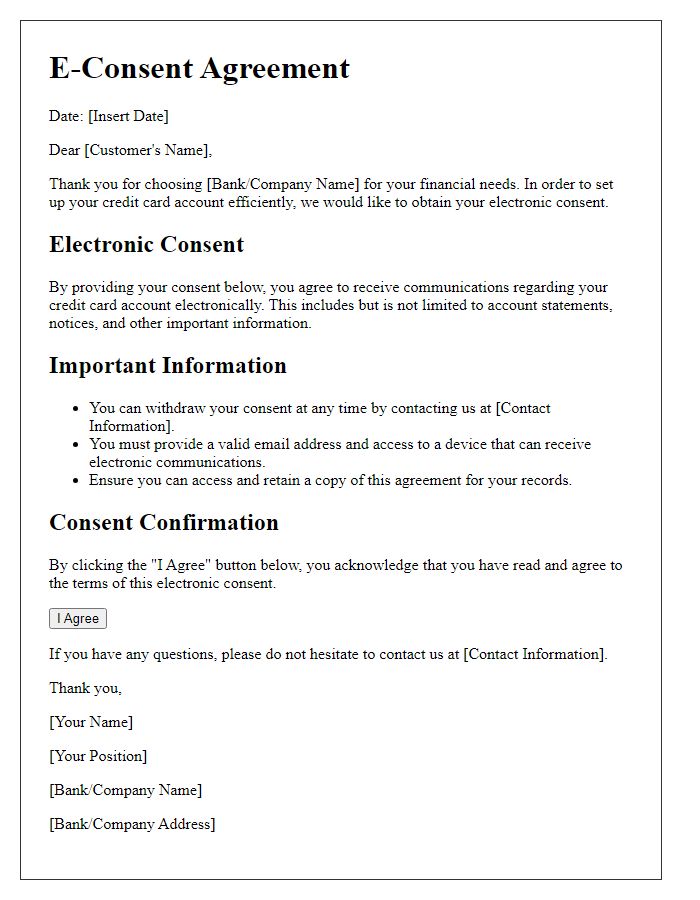 Letter template of E-Consent for Credit Card Account Setup