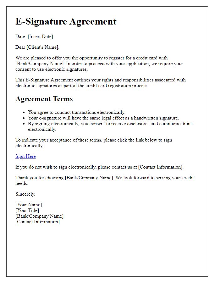 Letter template of E-Signature Agreement for Credit Card Registration