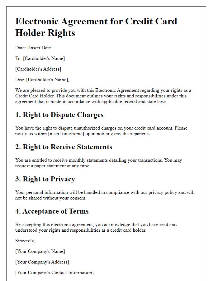 Letter template of Electronic Agreement for Credit Card Holder Rights