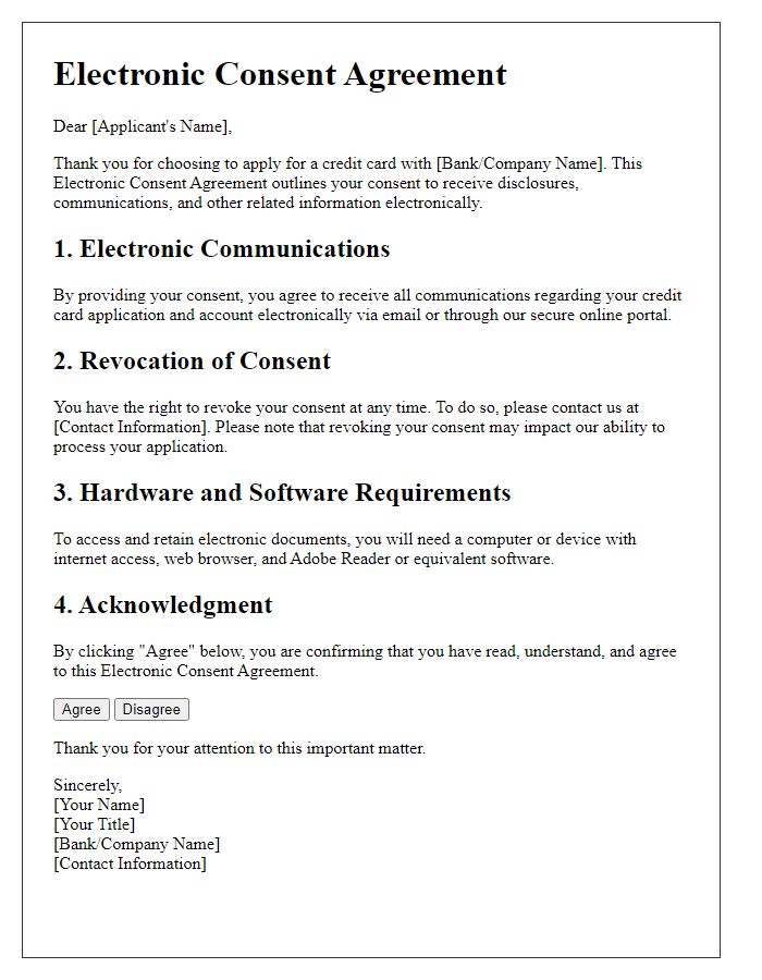 Letter template of Electronic Consent Agreement for Credit Card Application