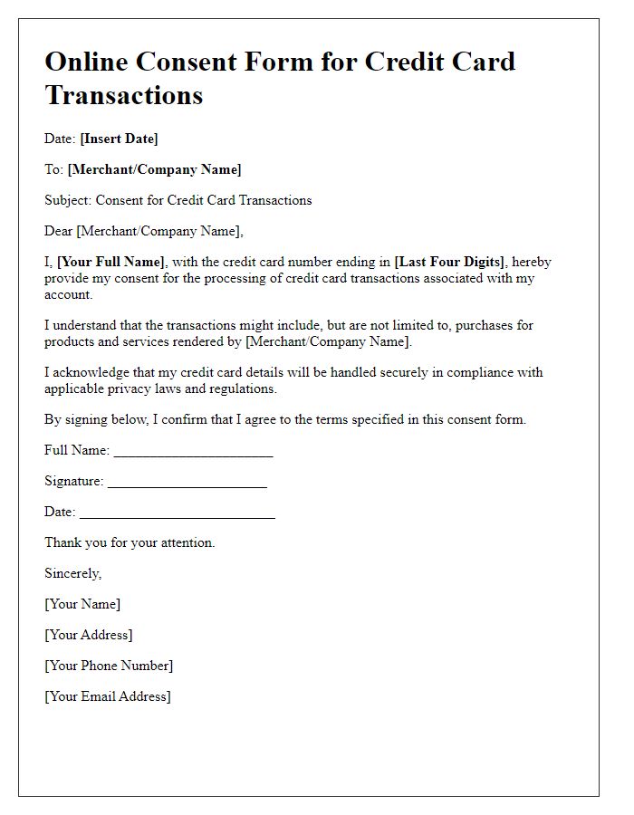 Letter template of Online Consent Form for Credit Card Transactions