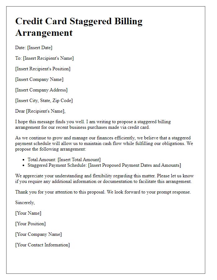 Letter template of credit card staggered billing arrangement for business purchases