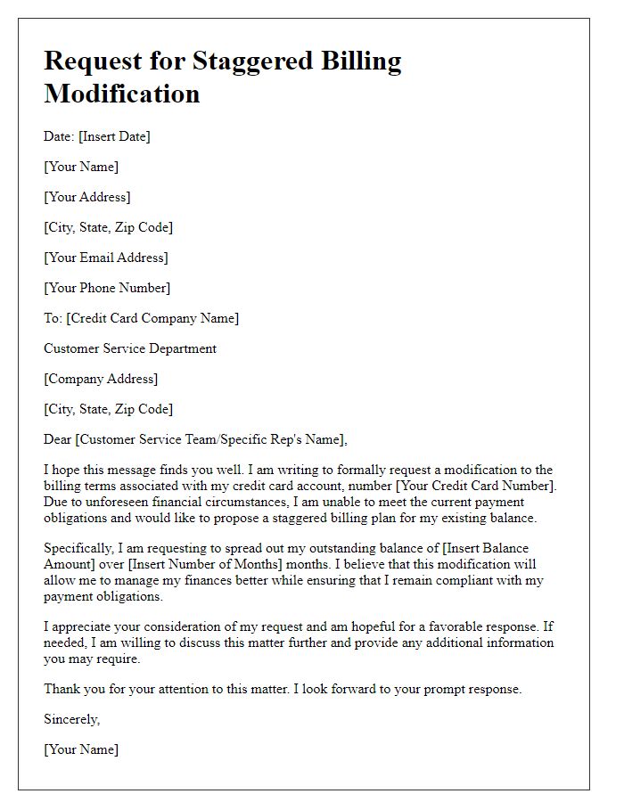 Letter template of credit card staggered billing modification for existing balances