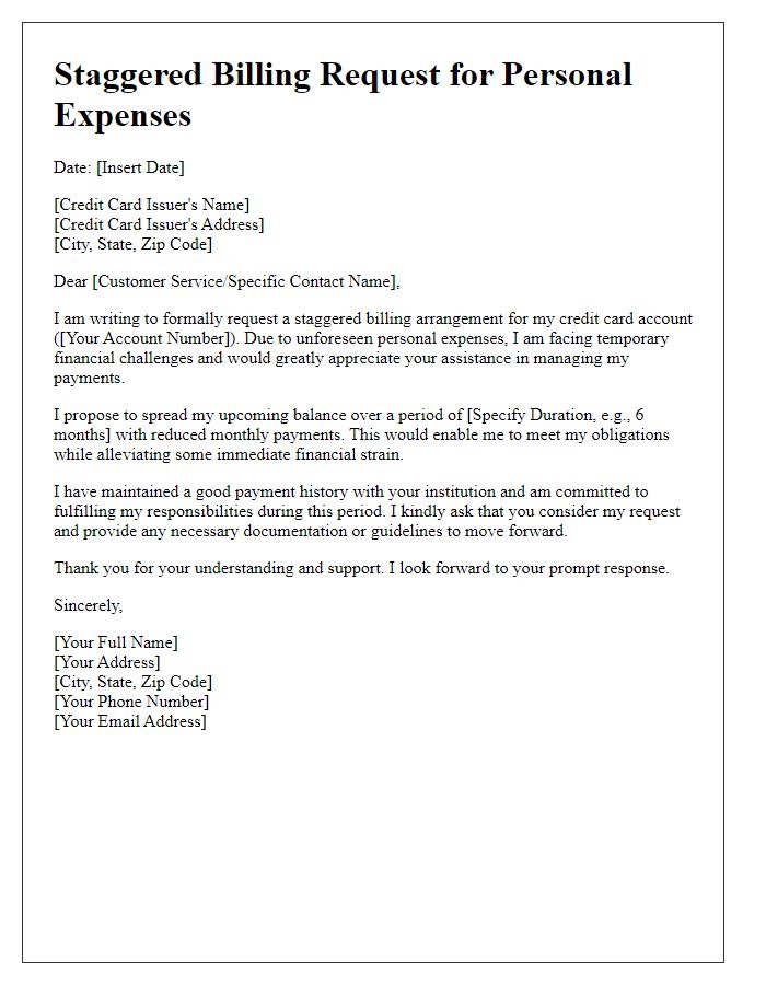 Letter template of credit card staggered billing request for personal expenses