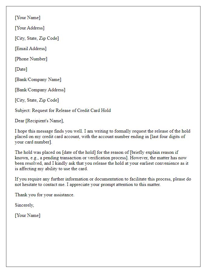 Letter template of formal request for credit card hold release