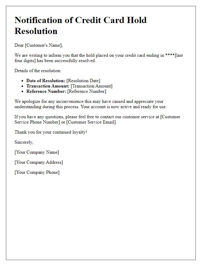 Letter template of notification for credit card hold resolution