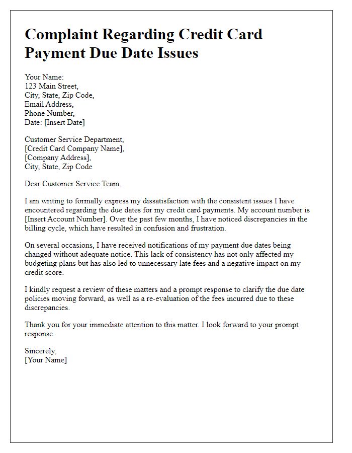 Letter template of complaint regarding credit card payment due date issues