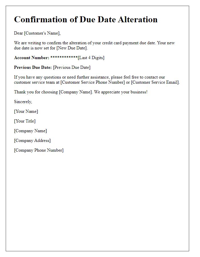 Letter template of confirmation for credit card payment due date alteration