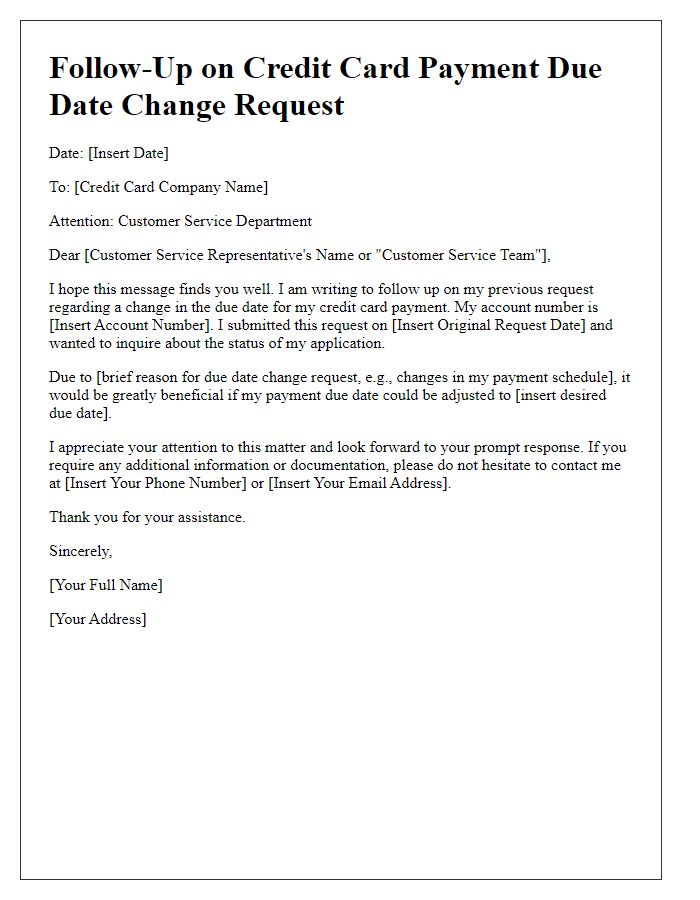 Letter template of follow-up on credit card payment due date change request