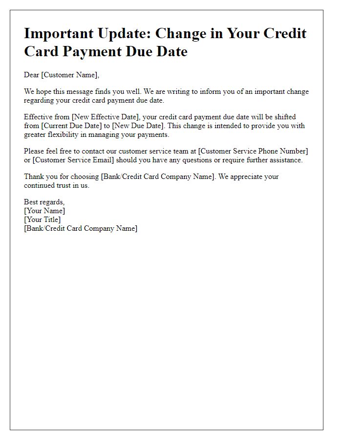 Letter template of guidance on credit card payment due date shift