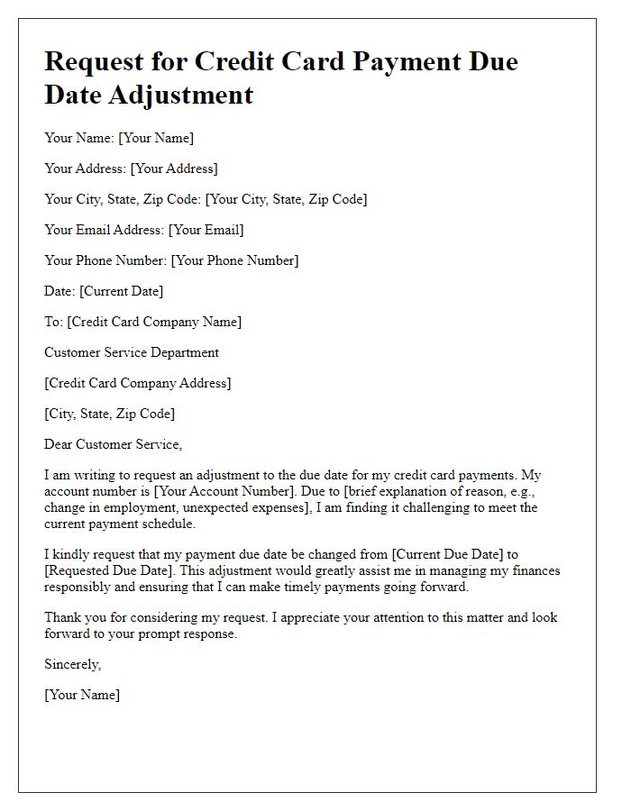 Letter template of request for credit card payment due date adjustment