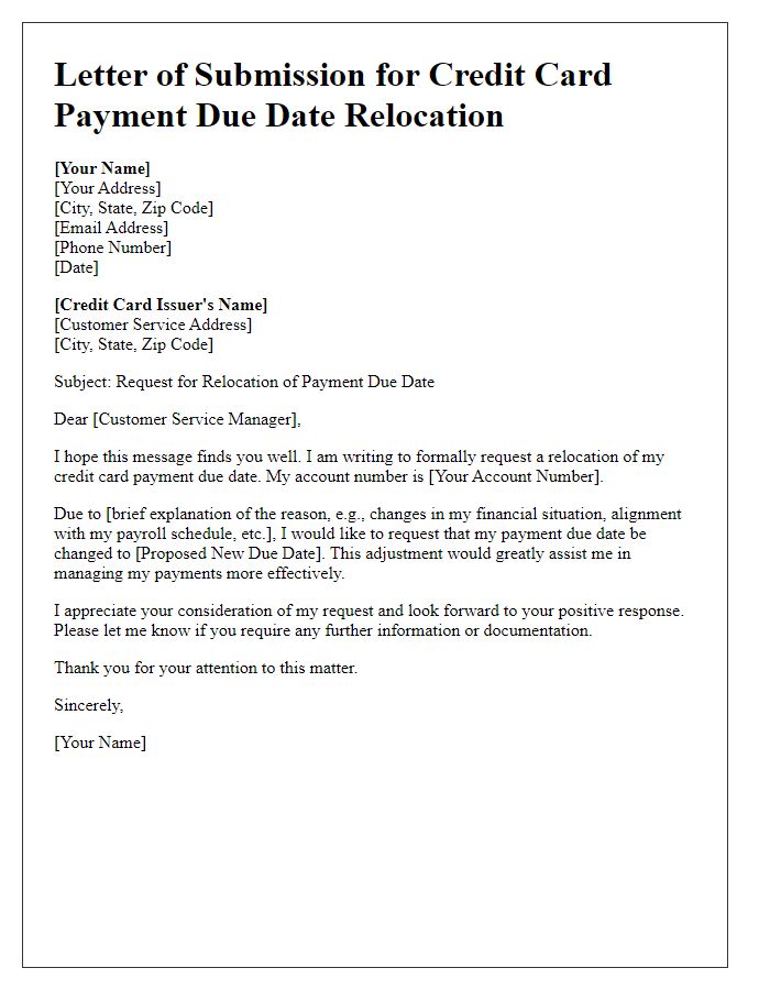 Letter template of submission for credit card payment due date relocation