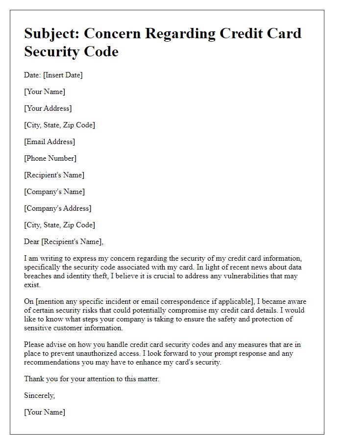 Letter template of concerns regarding credit card security code