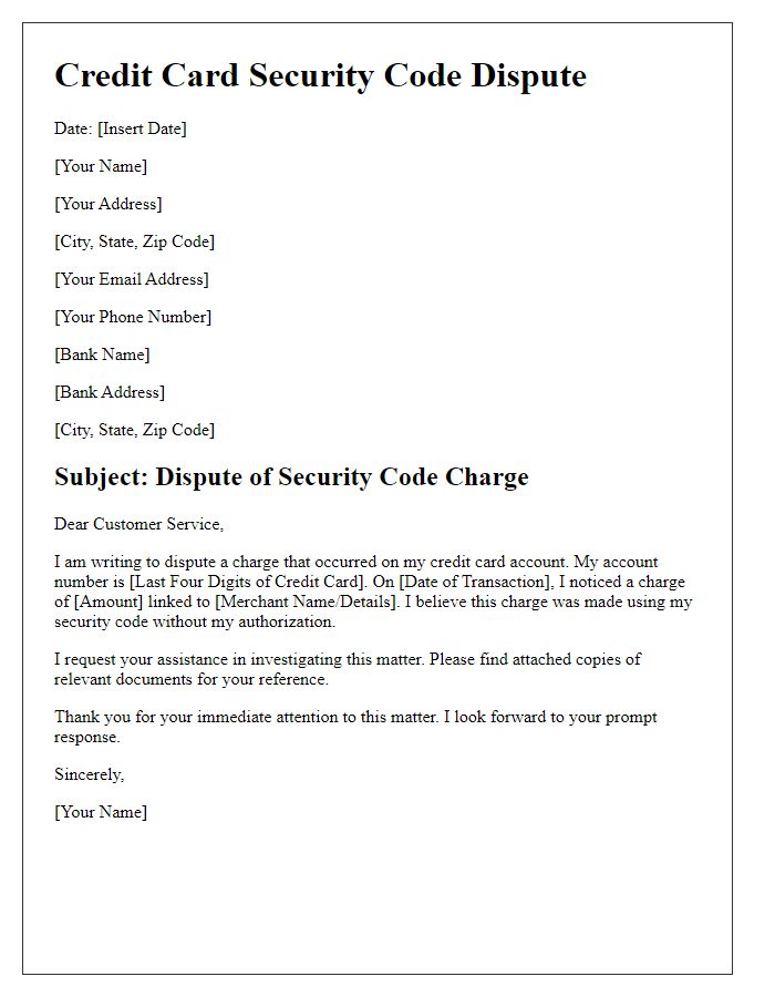 Letter template of credit card security code dispute