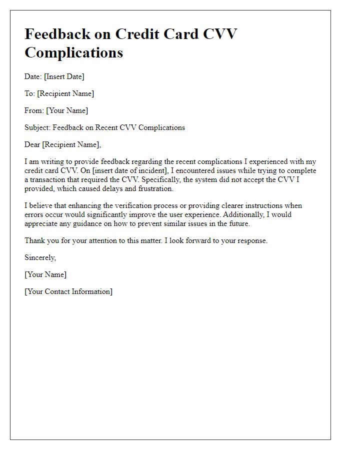 Letter template of feedback on credit card CVV complications