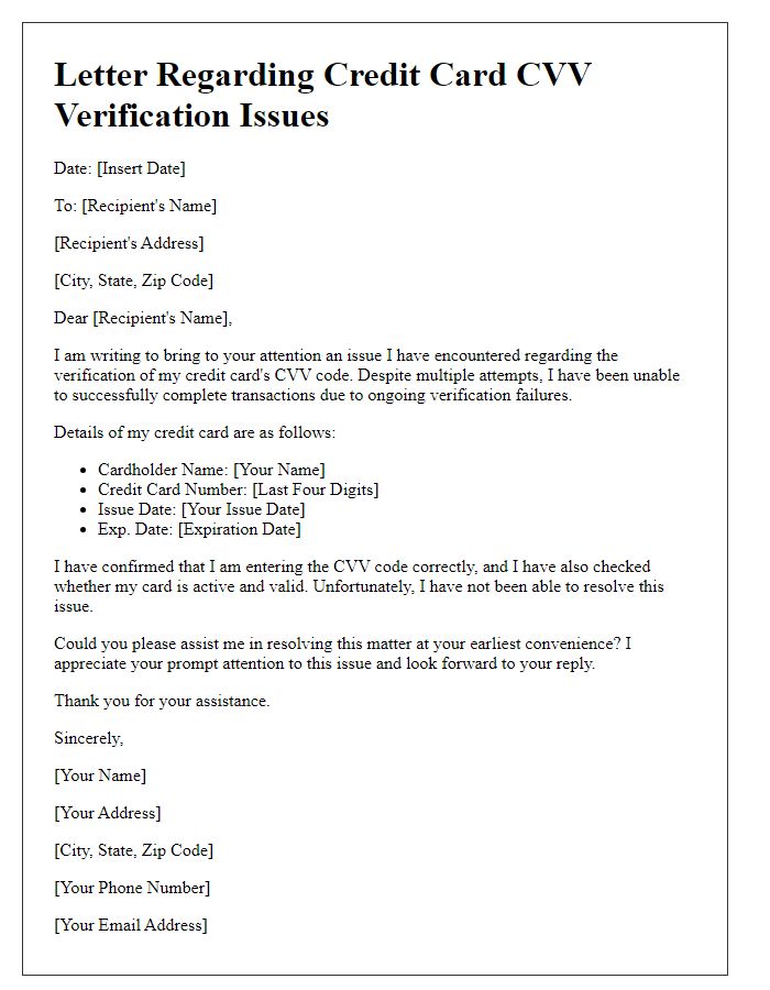 Letter template of issues with credit card CVV verification