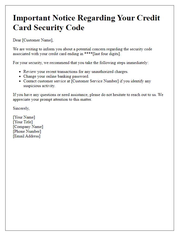 Letter template of notification about credit card security code concerns