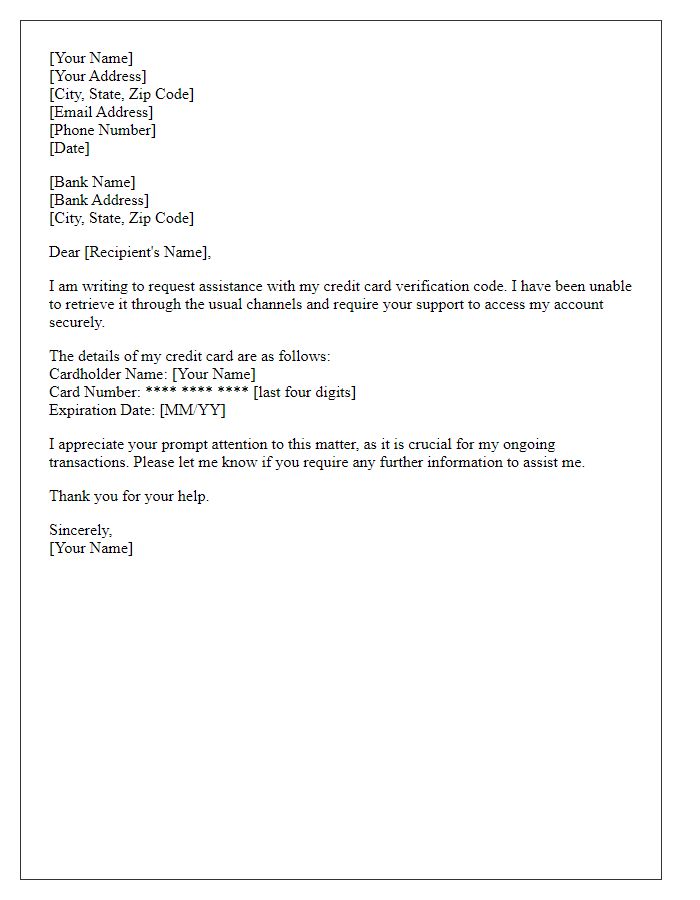 Letter template of requesting assistance for credit card verification code