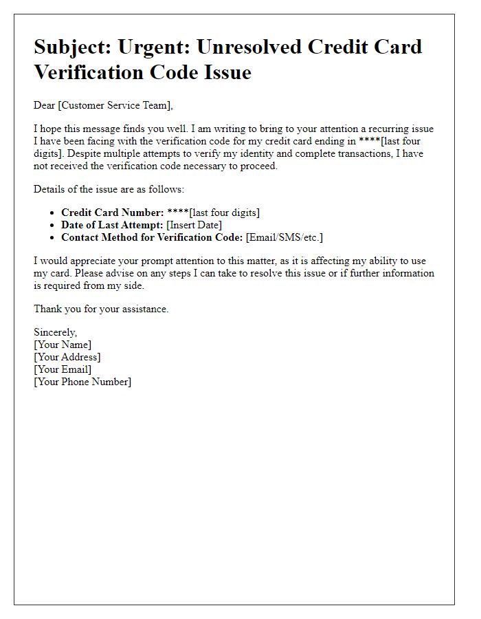 Letter template of unresolved credit card verification code issues