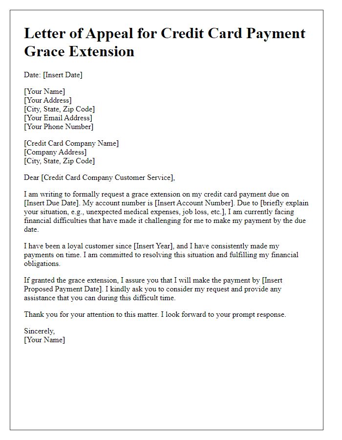 Letter template of appeal for credit card payment grace extension