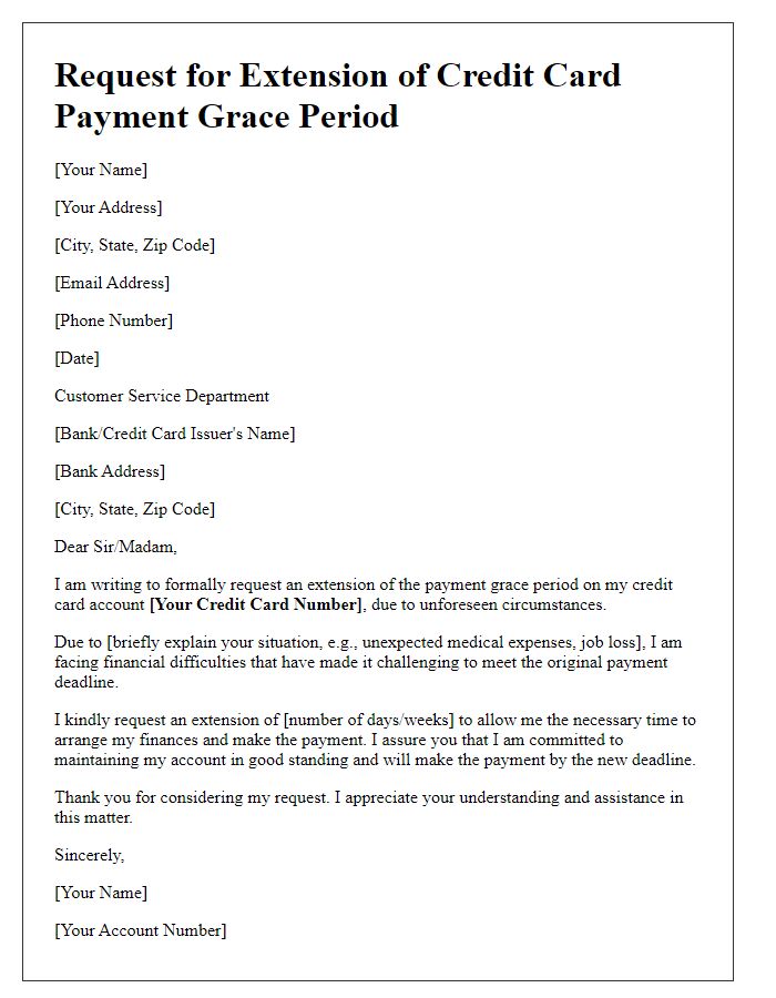 Letter template of formal request for extending credit card payment grace period