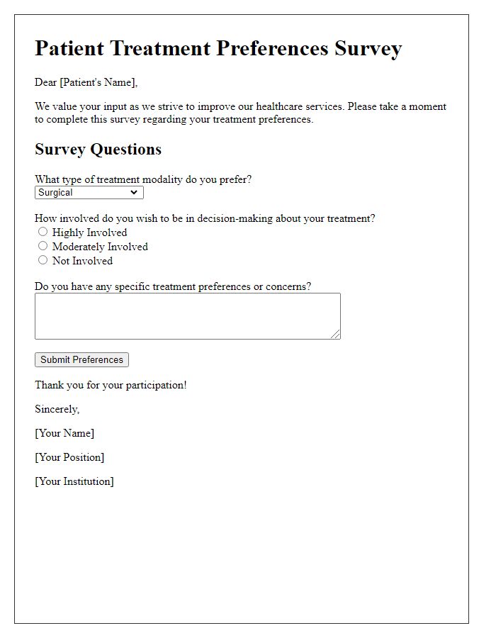 Letter template of Patient Treatment Preferences Survey