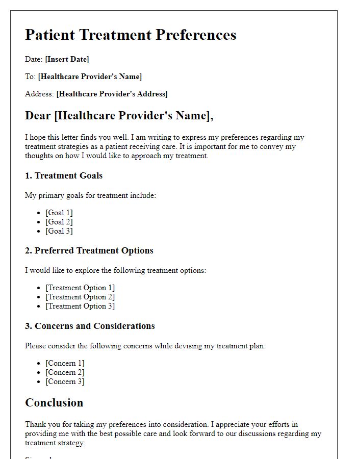 Letter template of Preferences for Patient Treatment Strategies