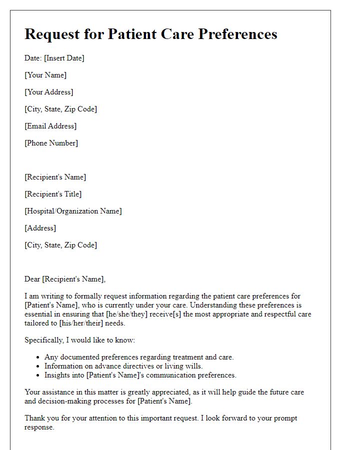 Letter template of Request for Patient Care Preferences