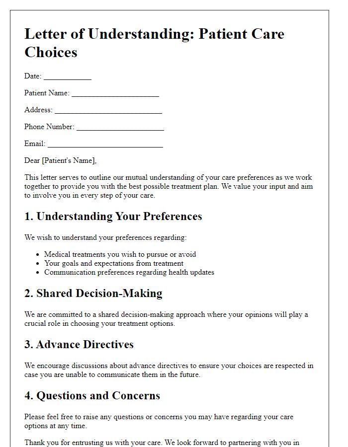 Letter template of Understanding Patient Care Choices