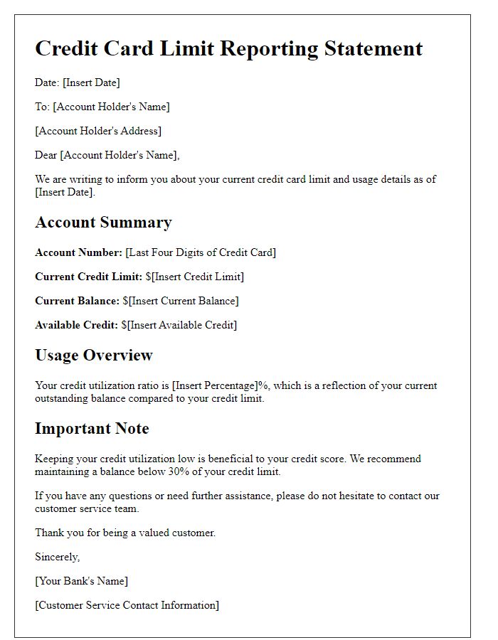 Letter template of credit card limit reporting statement.