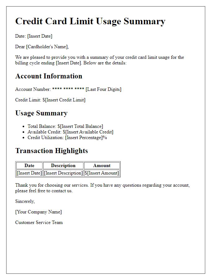 Letter template of credit card limit usage summary.