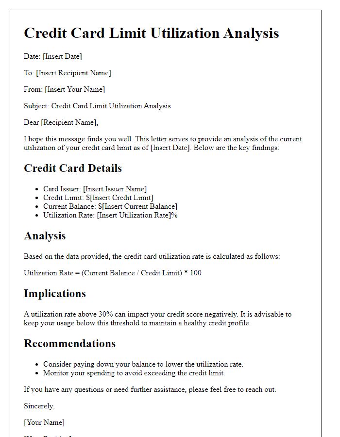 Letter template of credit card limit utilization analysis.