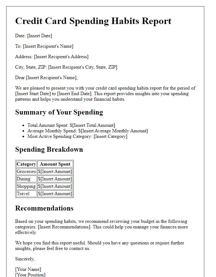 Letter template of credit card spending habits report.