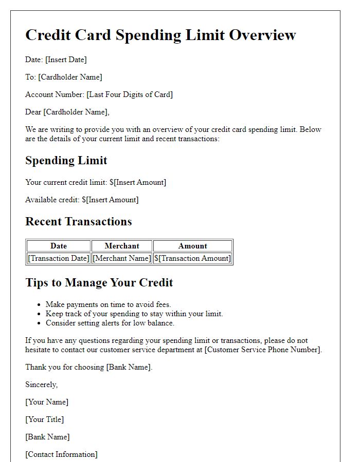 Letter template of credit card spending limit overview.