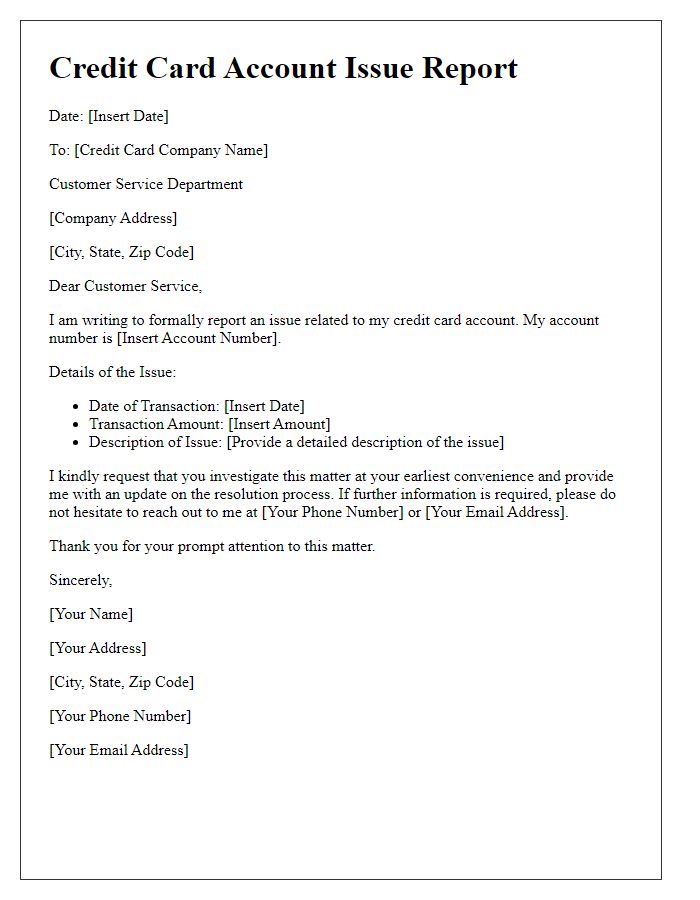Letter template of credit card account issue report