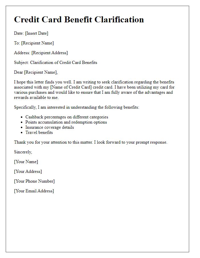 Letter template of credit card benefit clarification