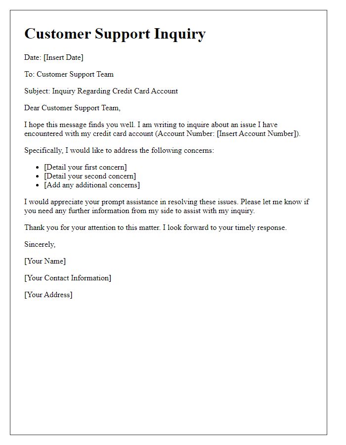 Letter template of credit card customer support inquiry