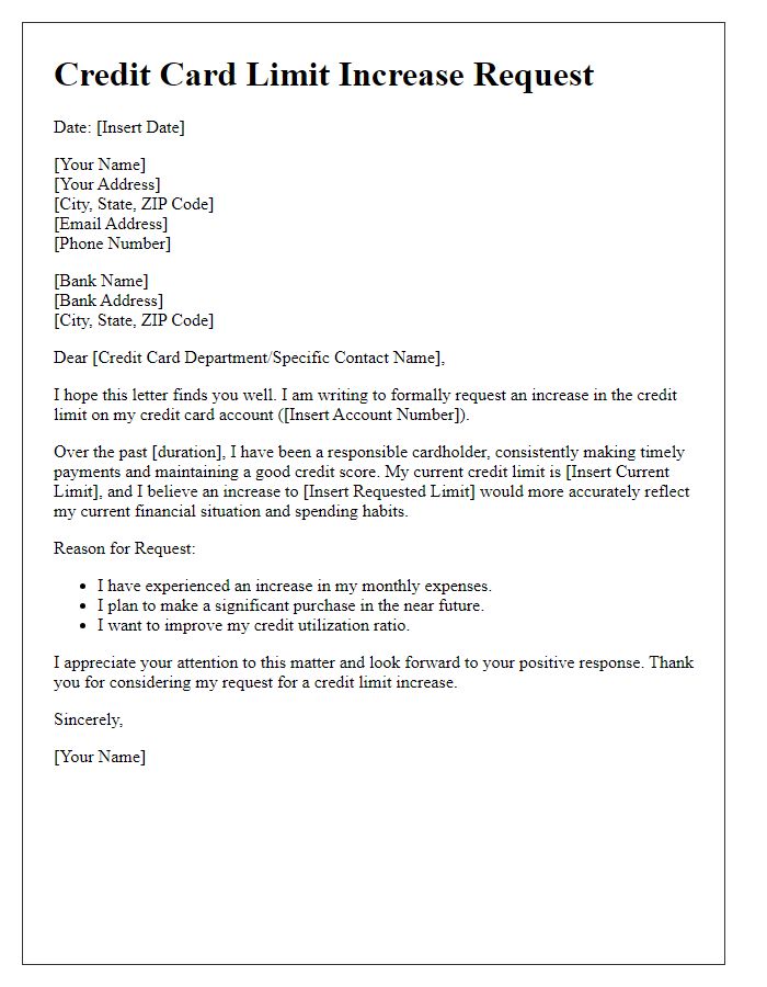 Letter template of credit card limit increase request