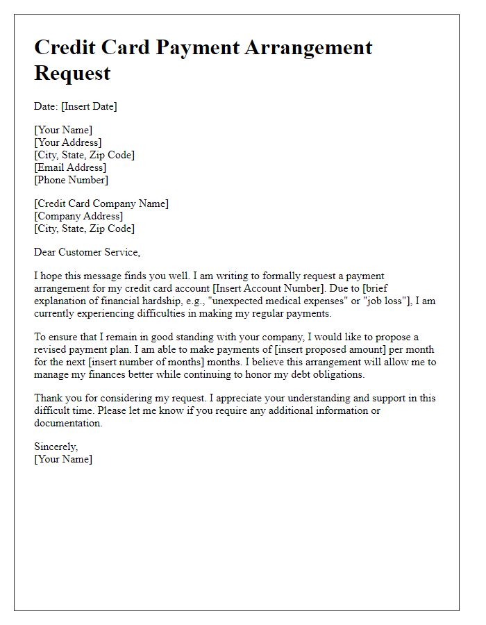 Letter template of credit card payment arrangement request