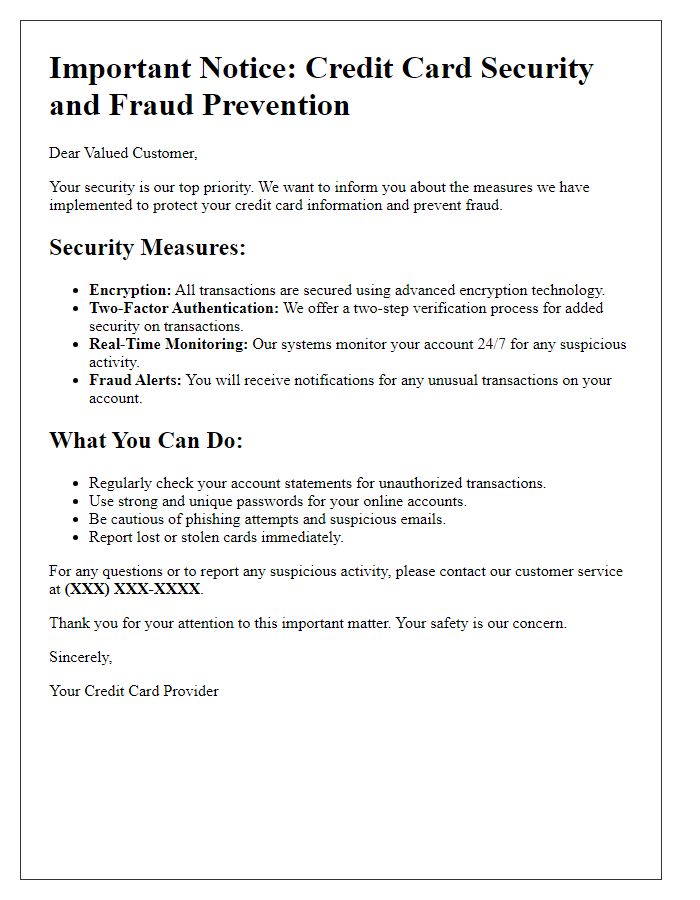 Letter template of credit card security and fraud prevention measures