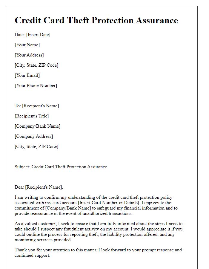 Letter template of credit card theft protection assurance